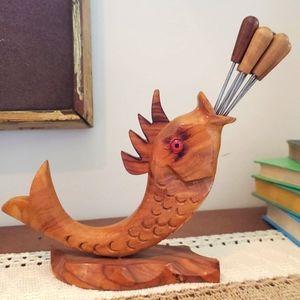 Wooden Fish Fondue Fork Holder - MCM Style